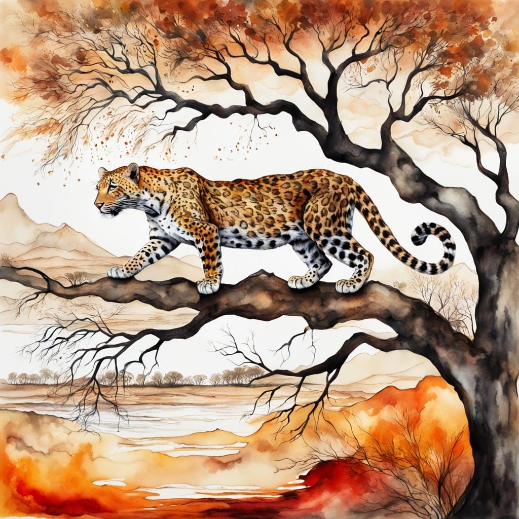 Serengeti Sunset Leopard in Vibrant Watercolor