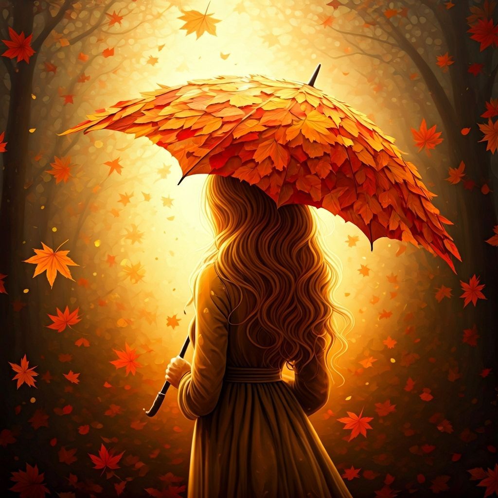 Whimsical Woman with Enchanting Autumn Leaf Umbrella