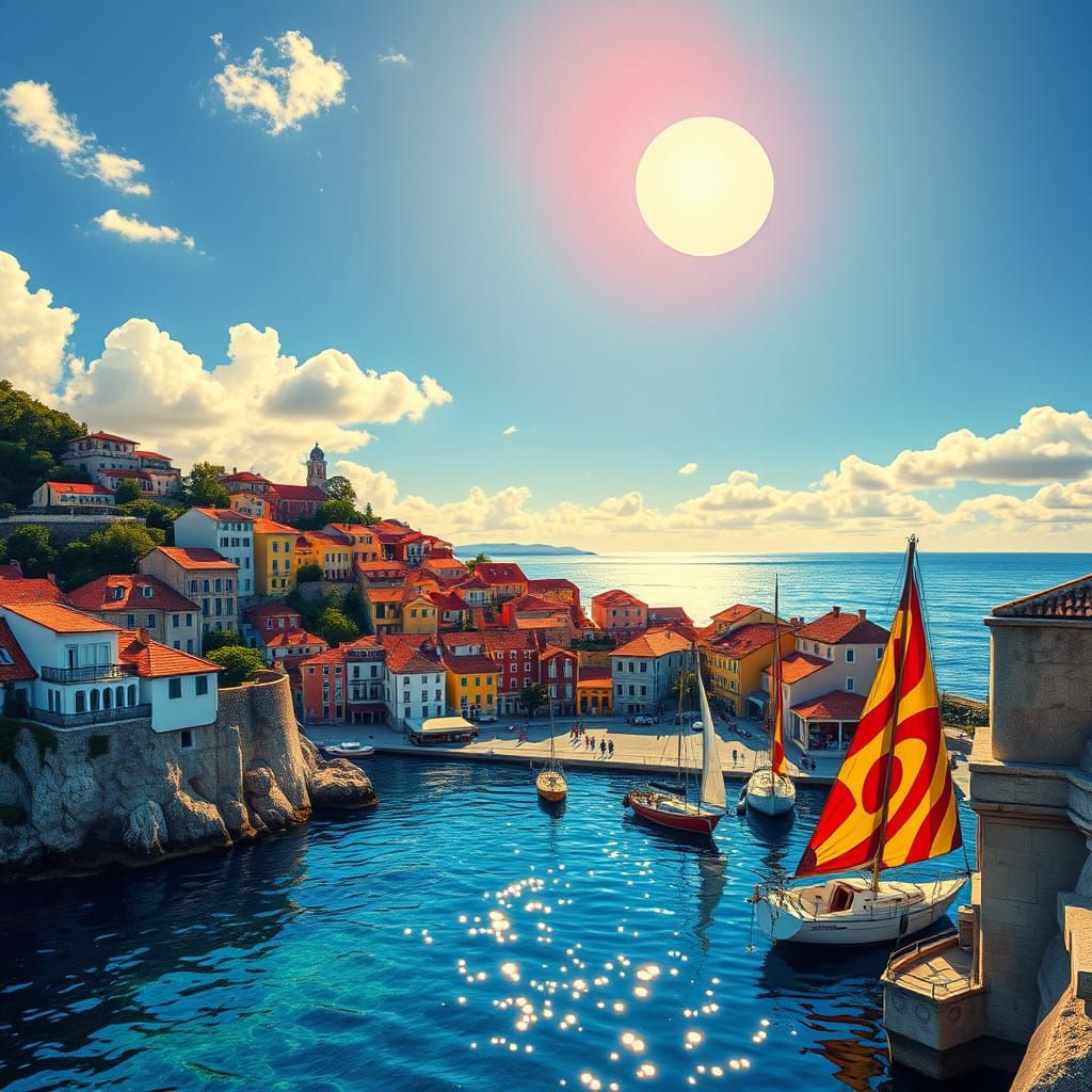 Vibrant Coastal Town in Klimt-Inspired Digital Art