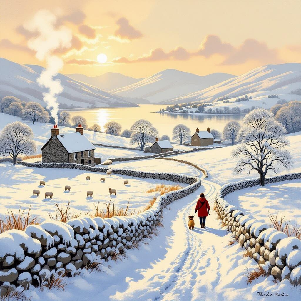Serene Winter Landscape in Cumbria with Snowy Hills and Shee...