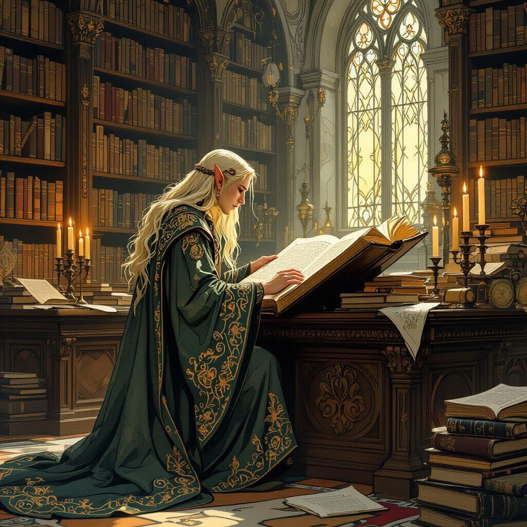 High Elf Scholar in Art Nouveau Library
