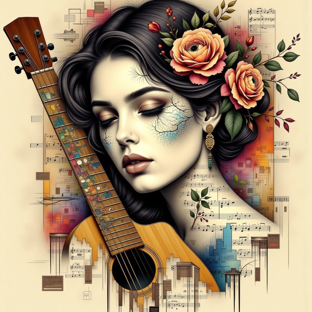 Woman's Face with Guitar and Music Paper Graphic Art