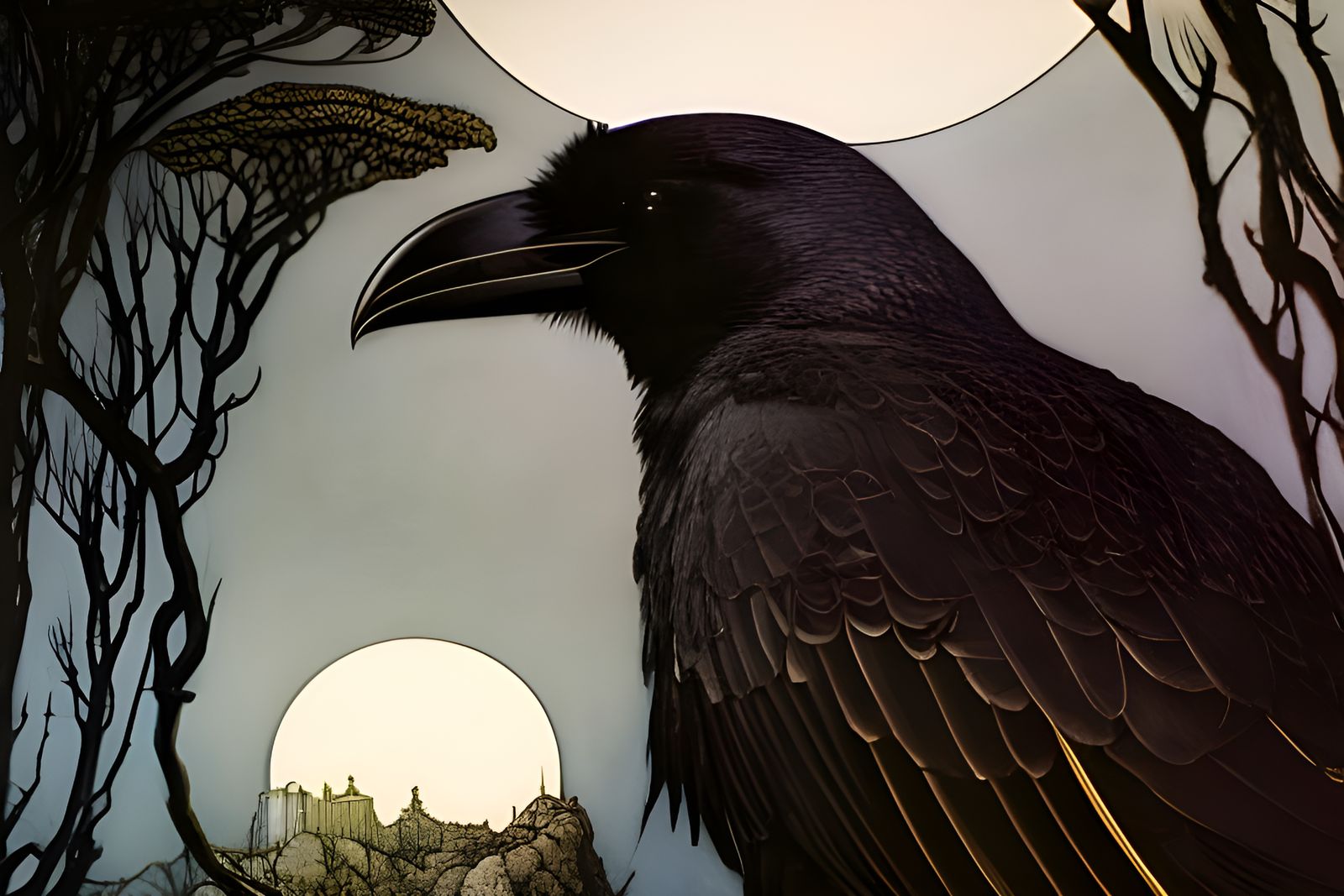 Raven and Moon Portrait in Detailed Lineart Style