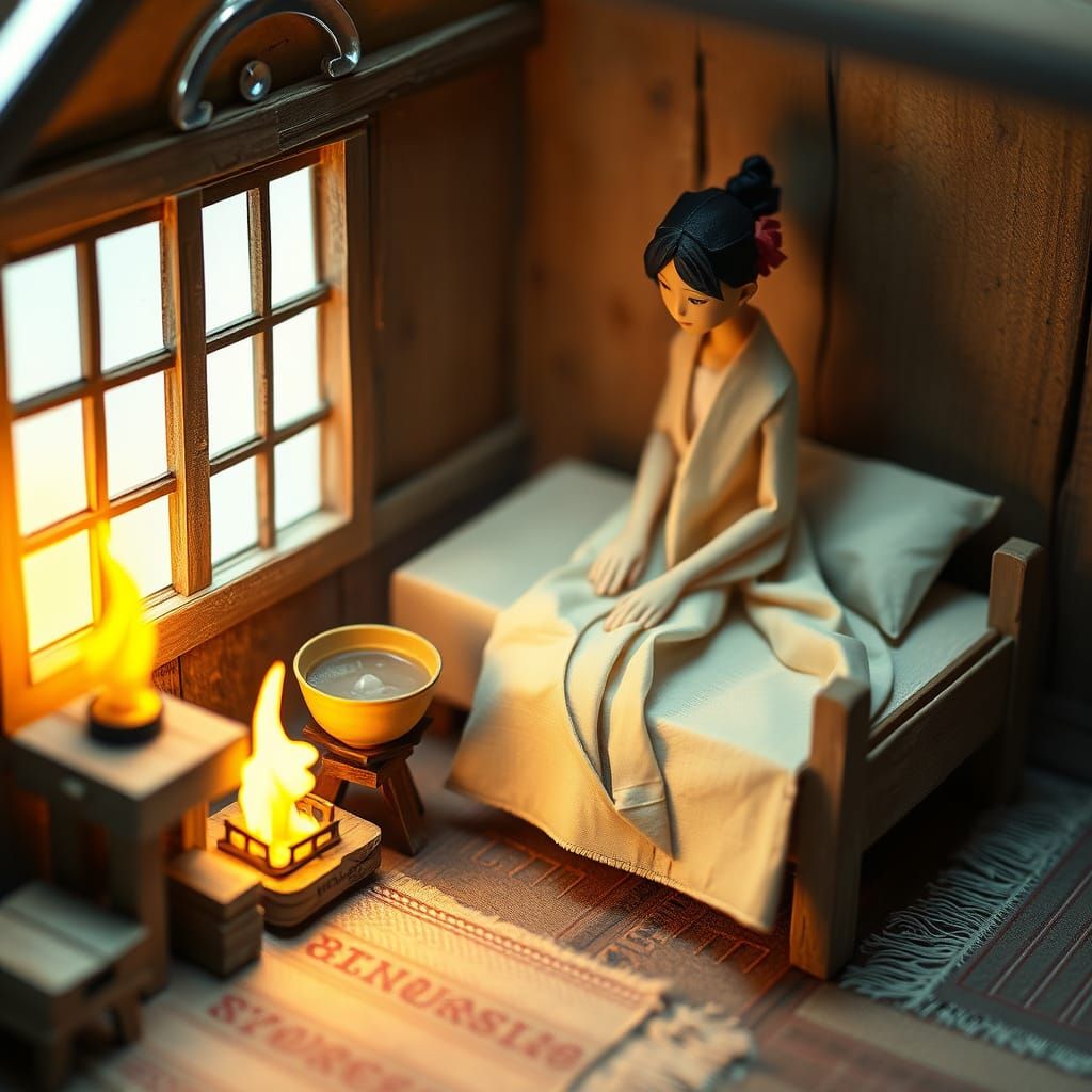 Origami Woman in Rustic Stable After Bath