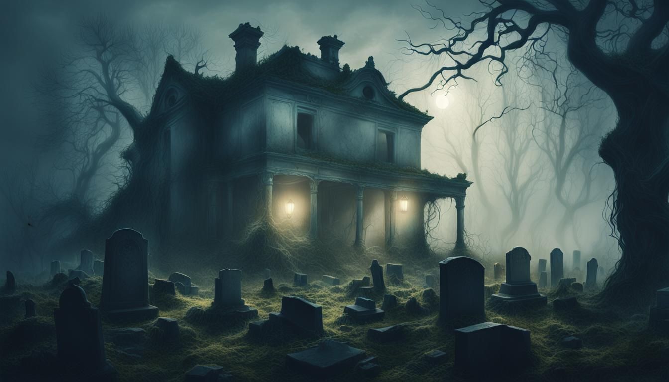 Eerie Abandoned House in Fog, Surreal Oil Painting