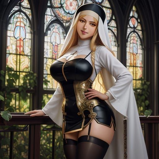 Gothic Gyaru Nun Anime Character in Art Nouveau Stained Glas...