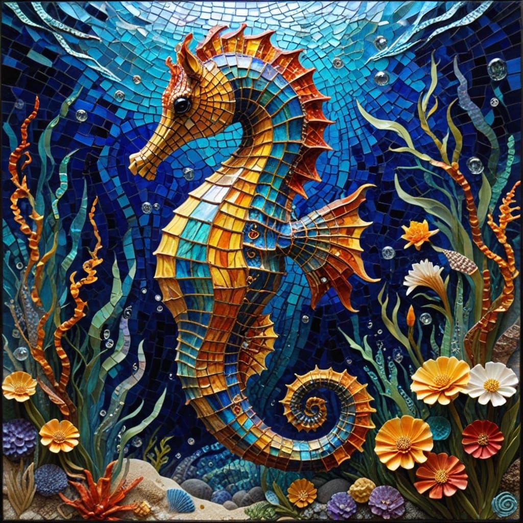 Intricate Stained Glass Seahorse Mosaic Artwork