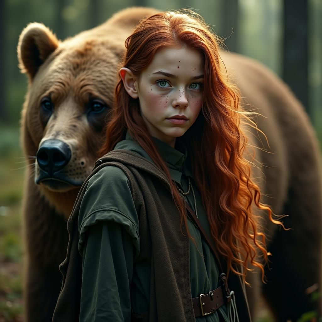 Striking Elf with Bear Companion in Cinematic Style