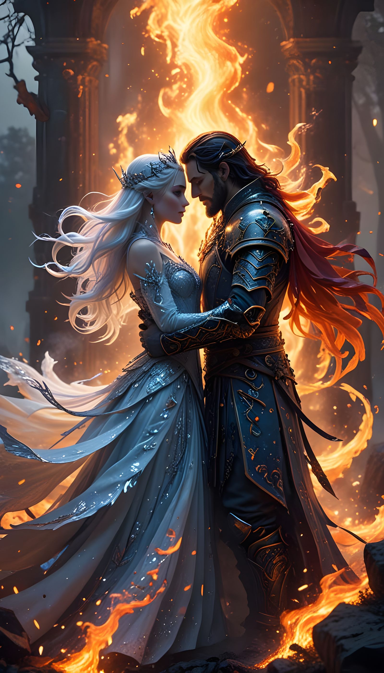 Regal Ice Queen and Fiery King in Ethereal Fantasy Landscape