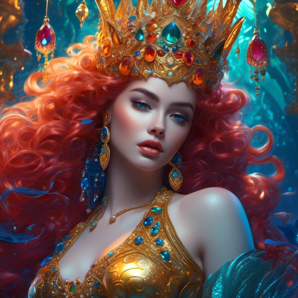 Holographic Mermaid with Gold Crown in Fantasycore Style