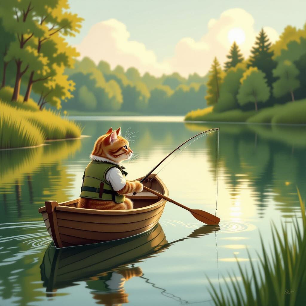 Silver Tabby Cat Fishing in a Serene Lake