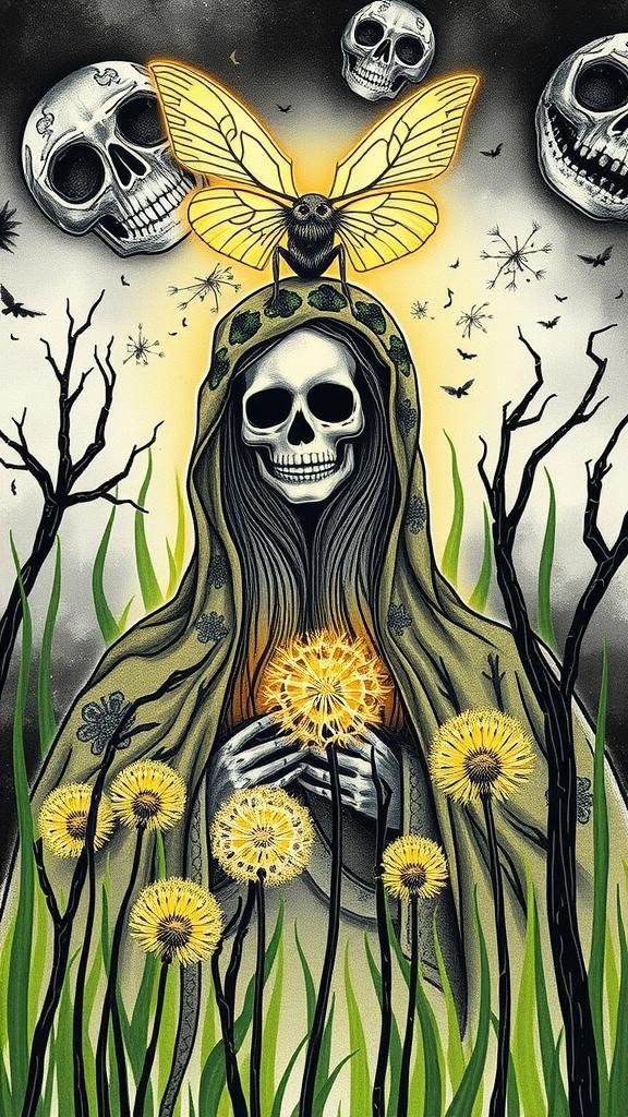 Santa Muerte in Dreamlike Autumn Landscape