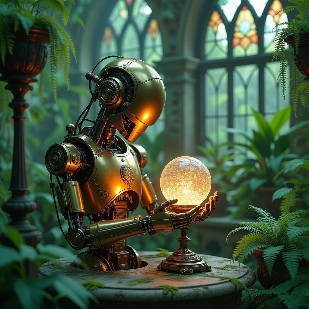 Steampunk Automaton with Bioluminescent Bloom