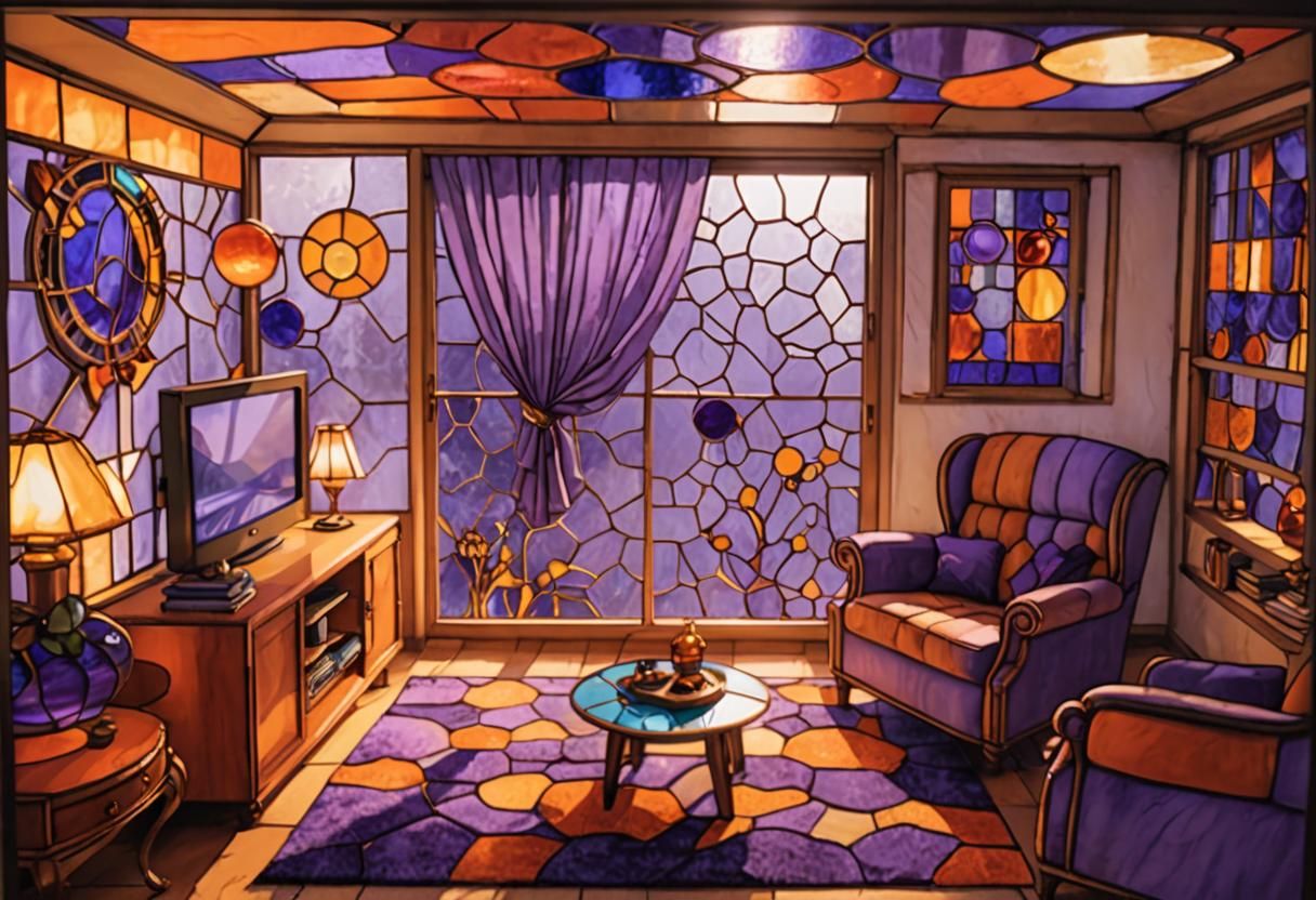 Retro 90s Living Room with Stained Glass