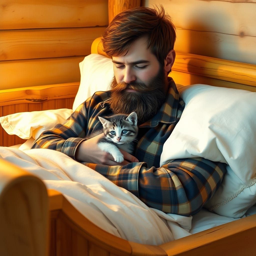 Lumberjack Gentleman Cuddles Whimsical Kitten in Cozy Wooden...