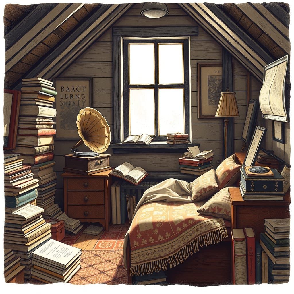 Cozy Vintage Attic Reading Nook in Halftone Style