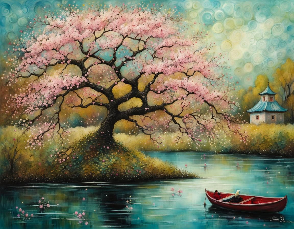 Sakura Blossoms Lakeside: Whimsical Encaustic Painting