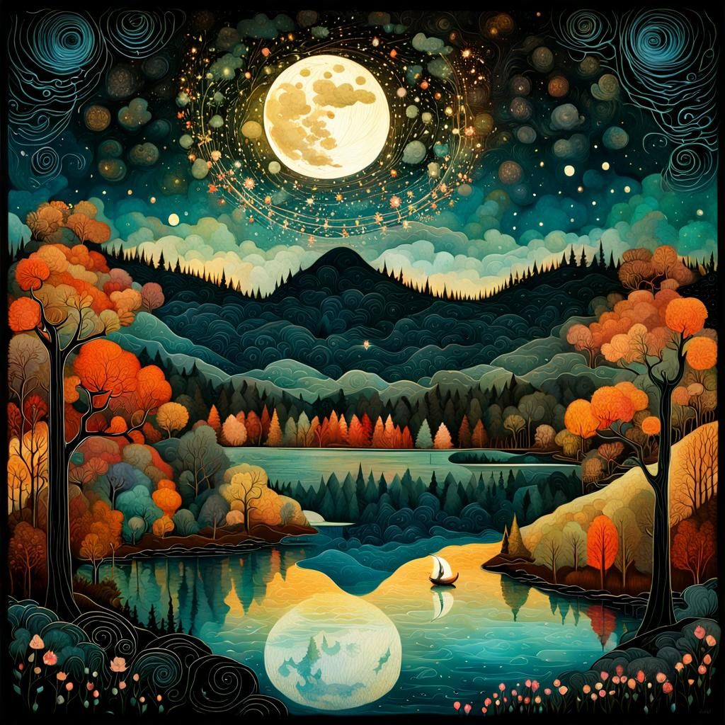 Moonlit Night Landscape in Maximalist Watercolor Style