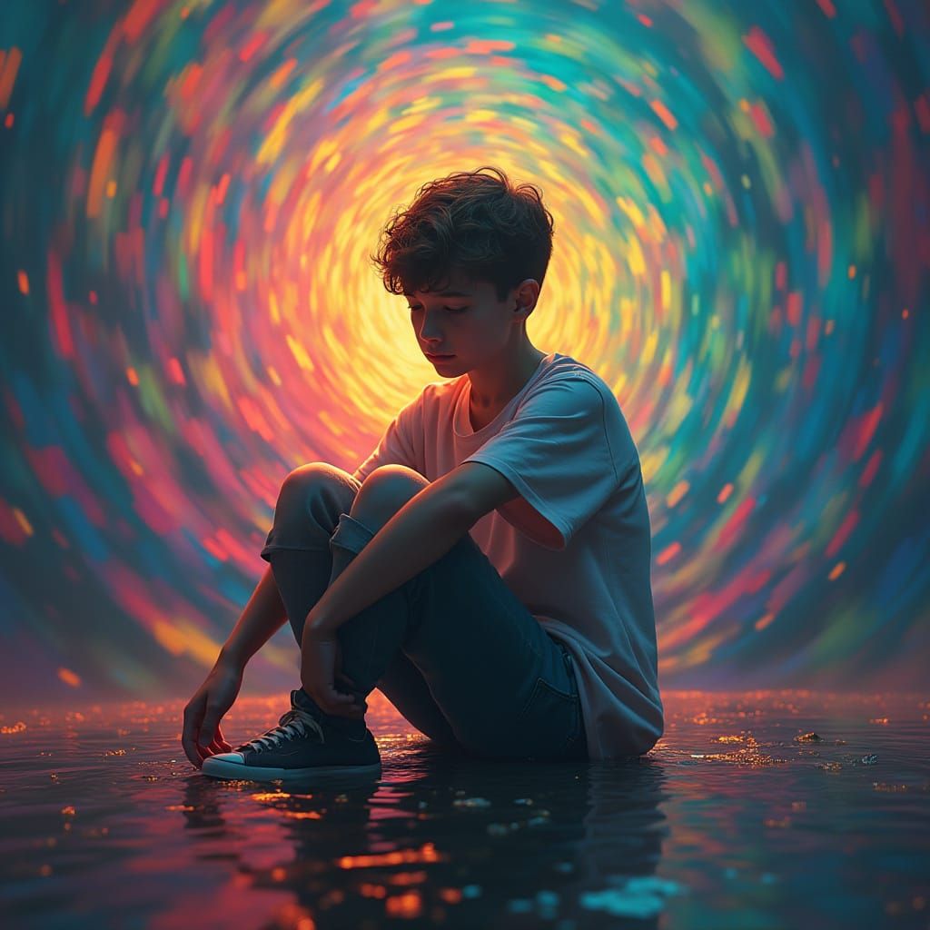 Sorrowful Youth Overwhelmed by Vibrant Rainbow Colours