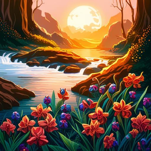 Enchanted Flower Meadow under Starry Night, Comic Art