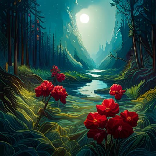 Colorful Starry Night Over Enchanted Flower Meadow