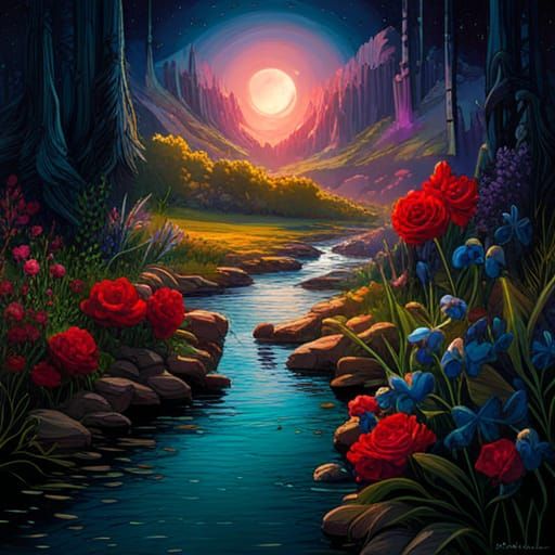 Enchanted Flower Meadow Under Starry Night Sky