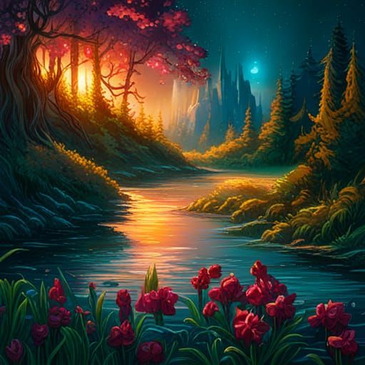 Enchanted Flower Meadow Under Starry Night Sky