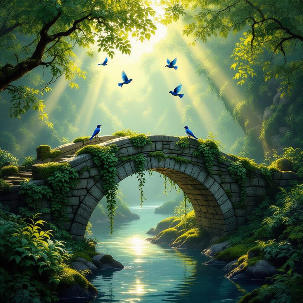 Ancient Mossy Stone Bridge in Enchanted Forest