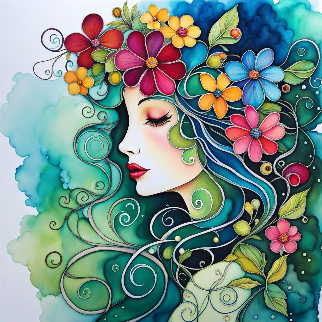 Stylized Fairy Profile with Floral Adornment