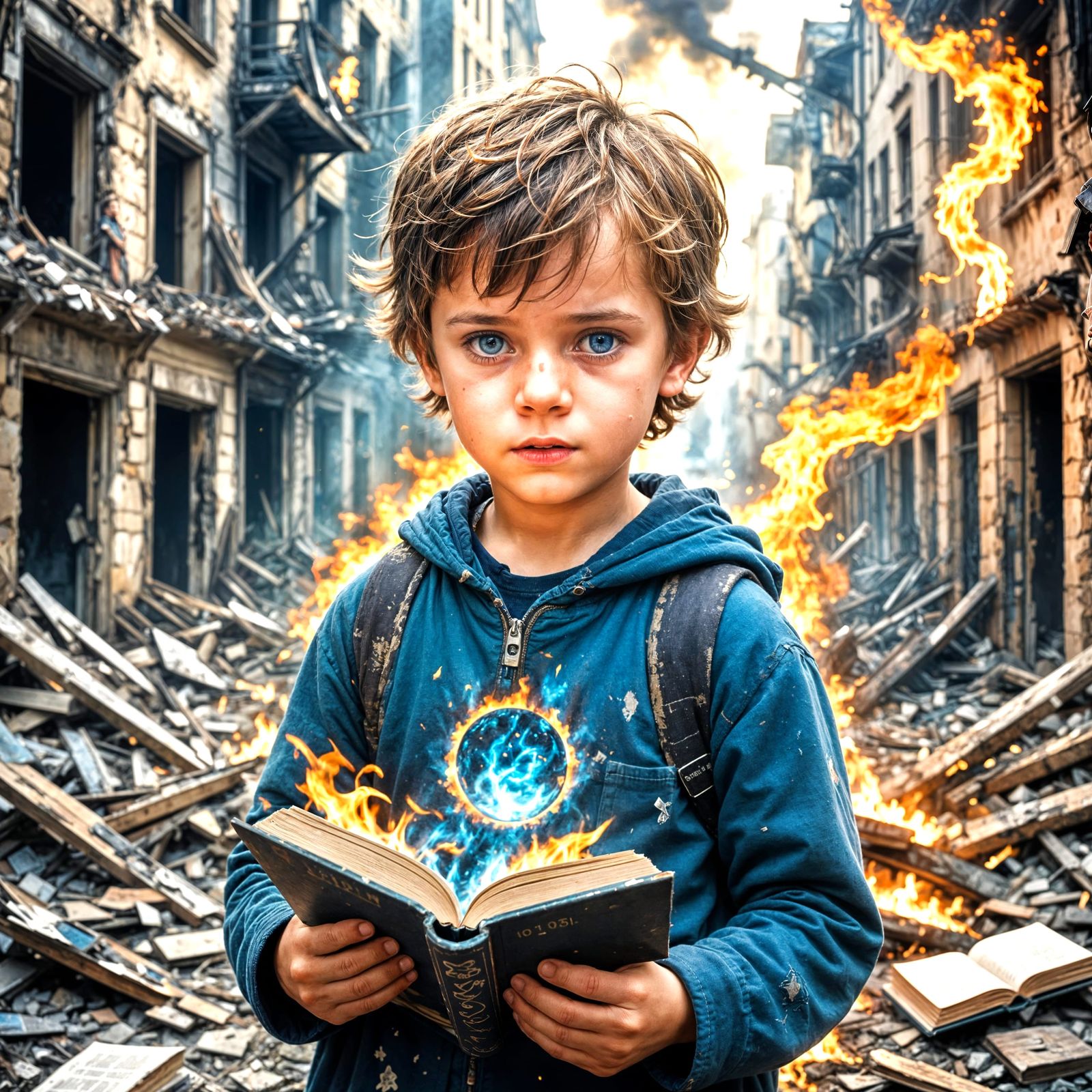 Boy's Faith Amidst Ruin With Tearful Blue Eyes