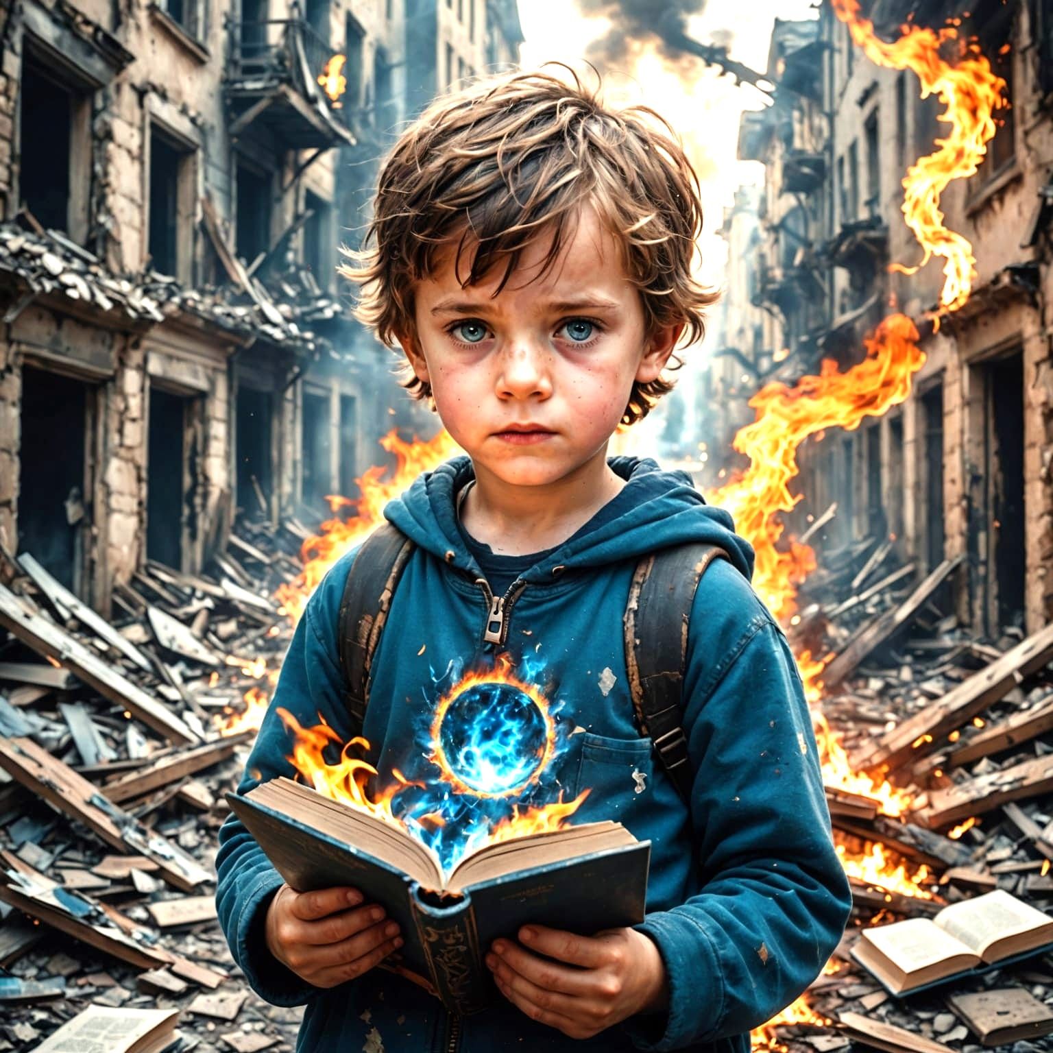 Boy's Faith Amidst Ruin With Tearful Blue Eyes