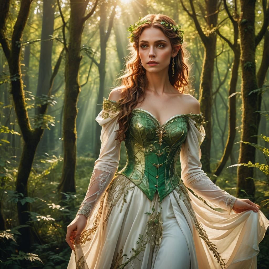 Beautiful Elf Woman in Dawn Forest, Abstract Art