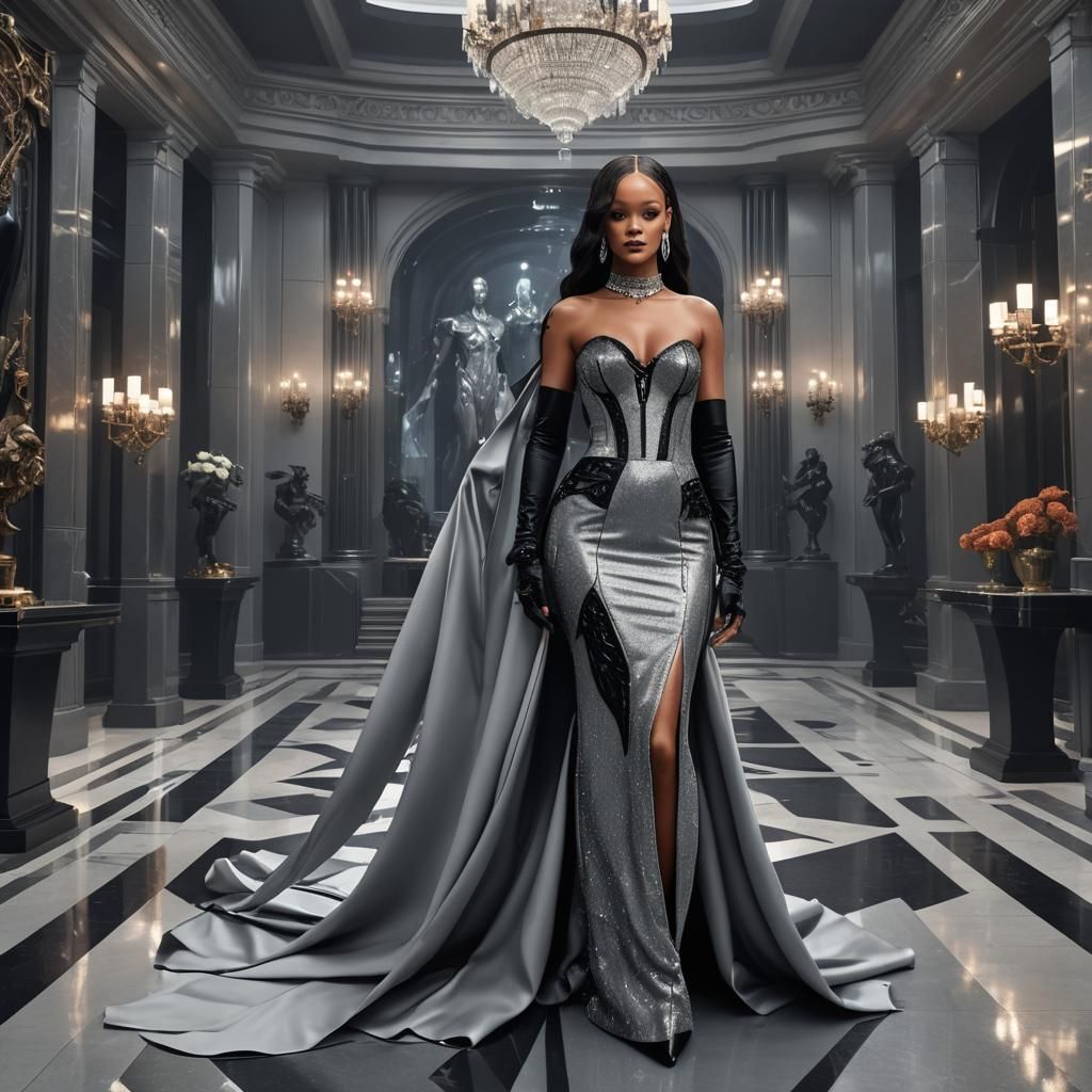 Rihanna in Gray Gala Dress, Futuristic Mansion, Digital Art
