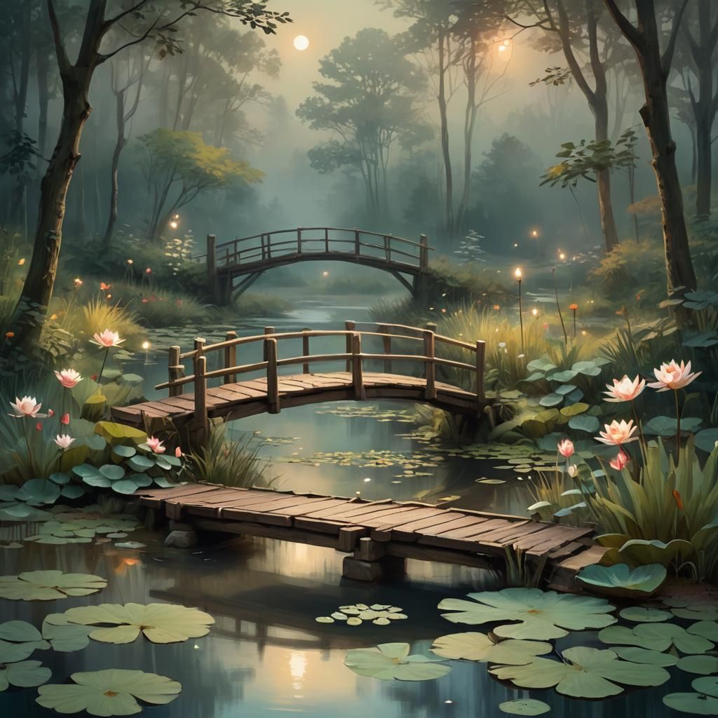 Moonlit Forest Landscape with Wooden Bridge in Digital Paint...