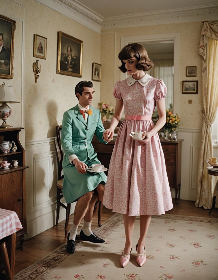 Cinematic Film Still: Crossdressing Boy Serving Tea