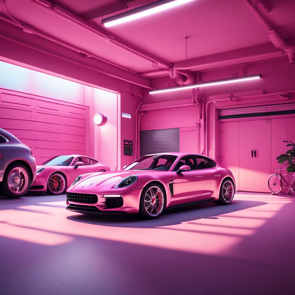 Modern Pink Garage with Porsche and Maserati in 3D