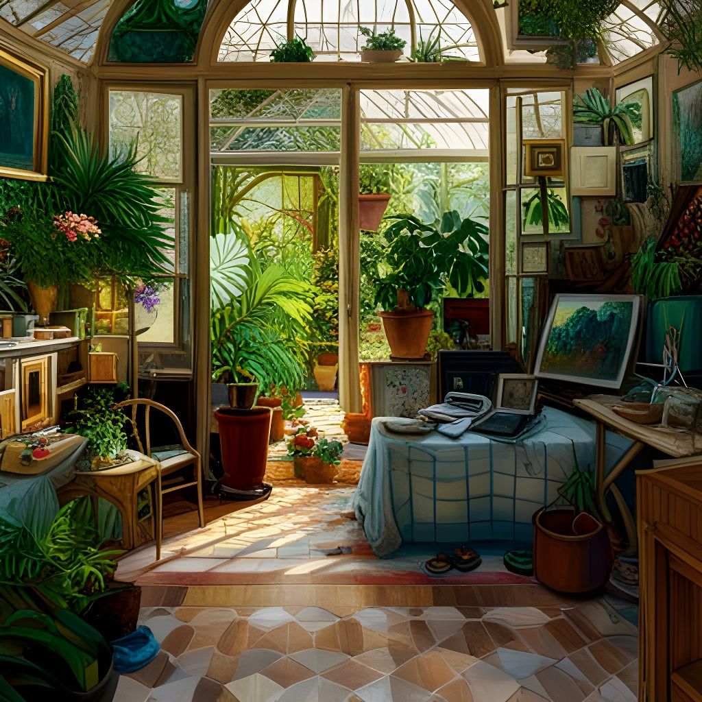 Lush Art Studio in a Conservatory: Oil Painting