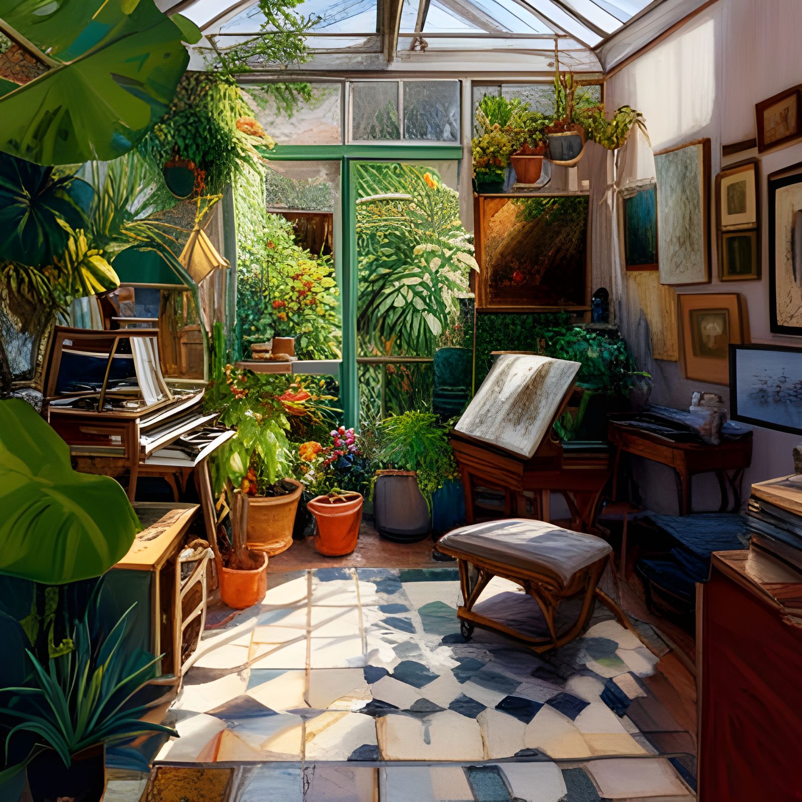 Lush Art Studio in Conservatory as Oil Painting