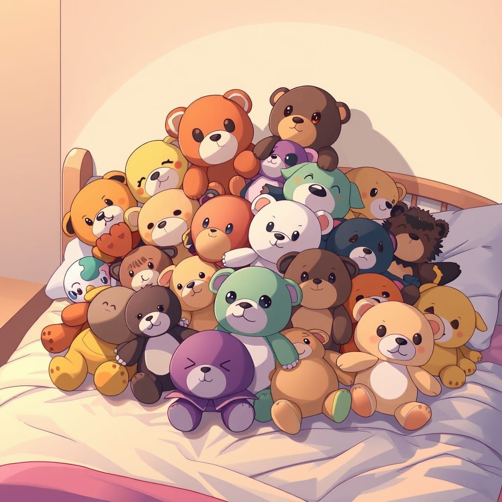 Colorful Stuffed Animals Pile in Anime Style
