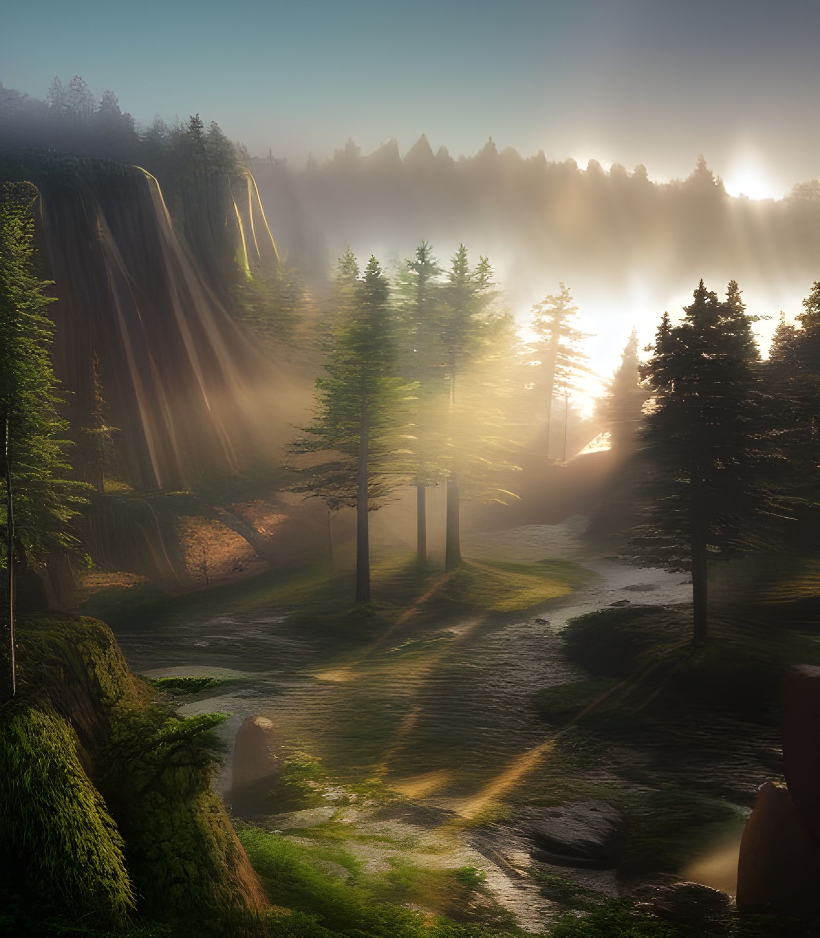 Sunlit Trees on Cliffside in Misty Forest