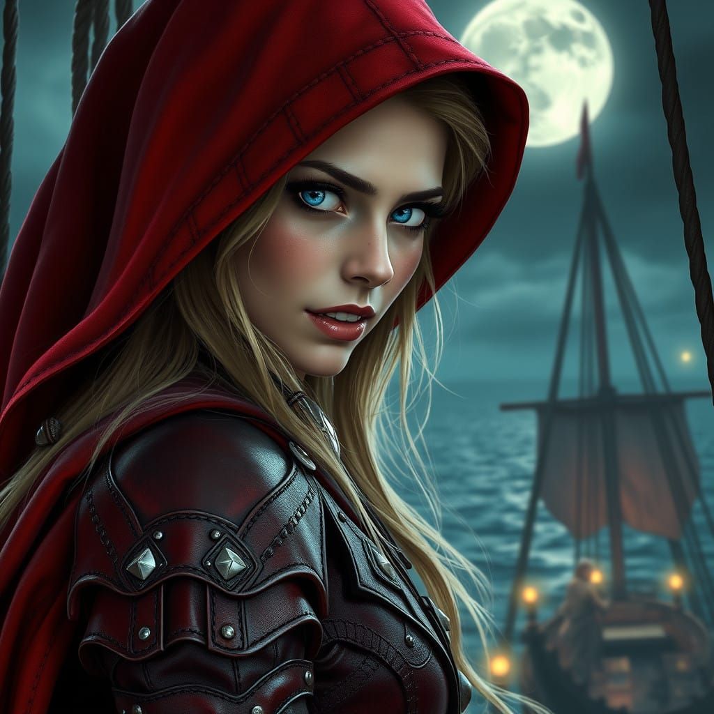 Gothic Pirate Ship Maiden with Crimson Armor and Moonlit Oce...