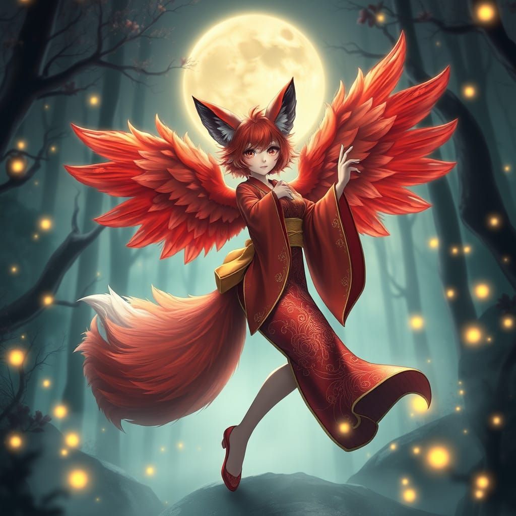 Majestic Red Fox Girl Takes Flight in Moonlit Forest