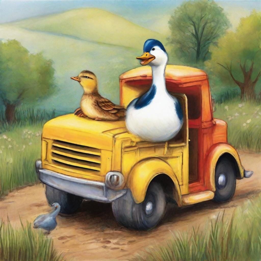 Girl, Duck, and Cat in a Truck: A Whimsical Scene