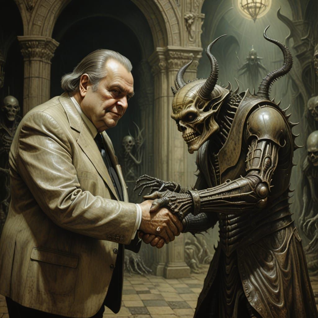 Billionaire and Cryptid Politician Shake Hands in Dark Fanta...