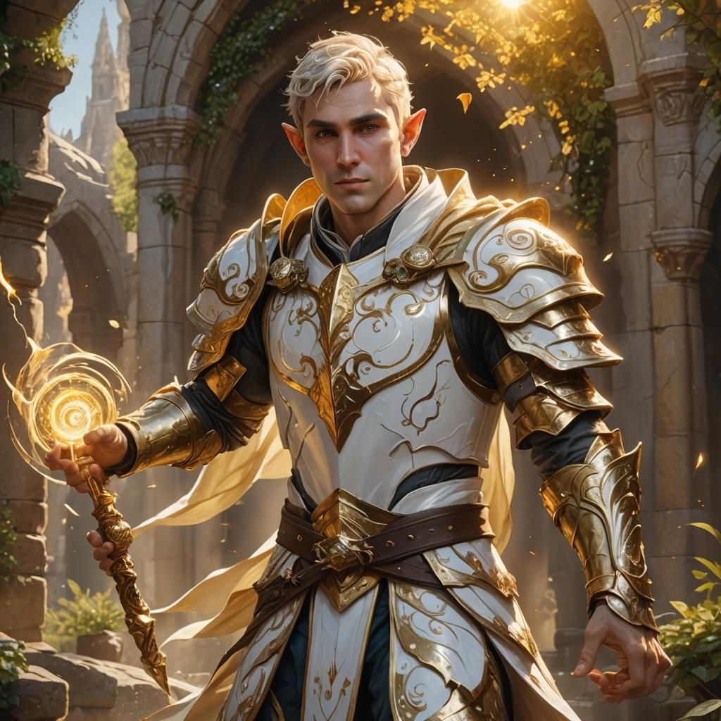 Elf Cleric in Golden Armor with Swirling Magic