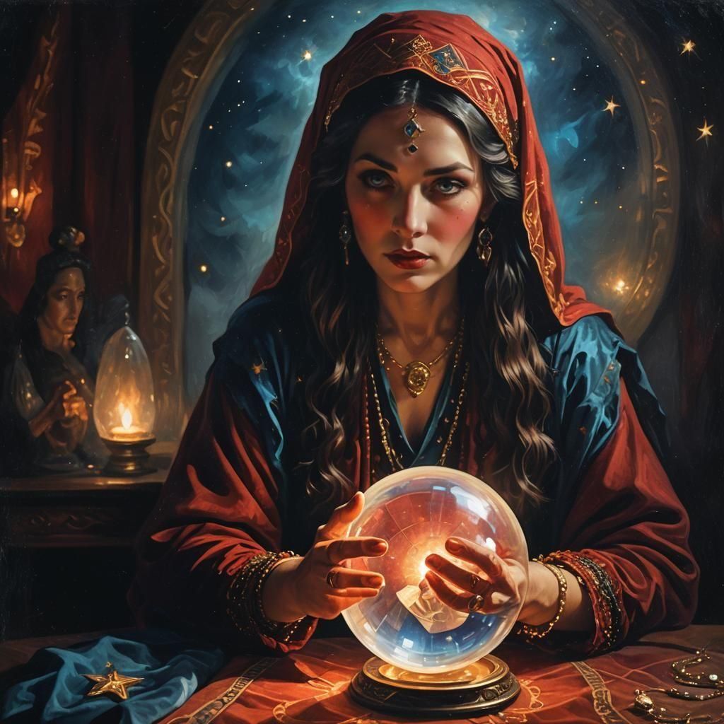 Vintage Fortune Teller with Crystal Ball and Stars