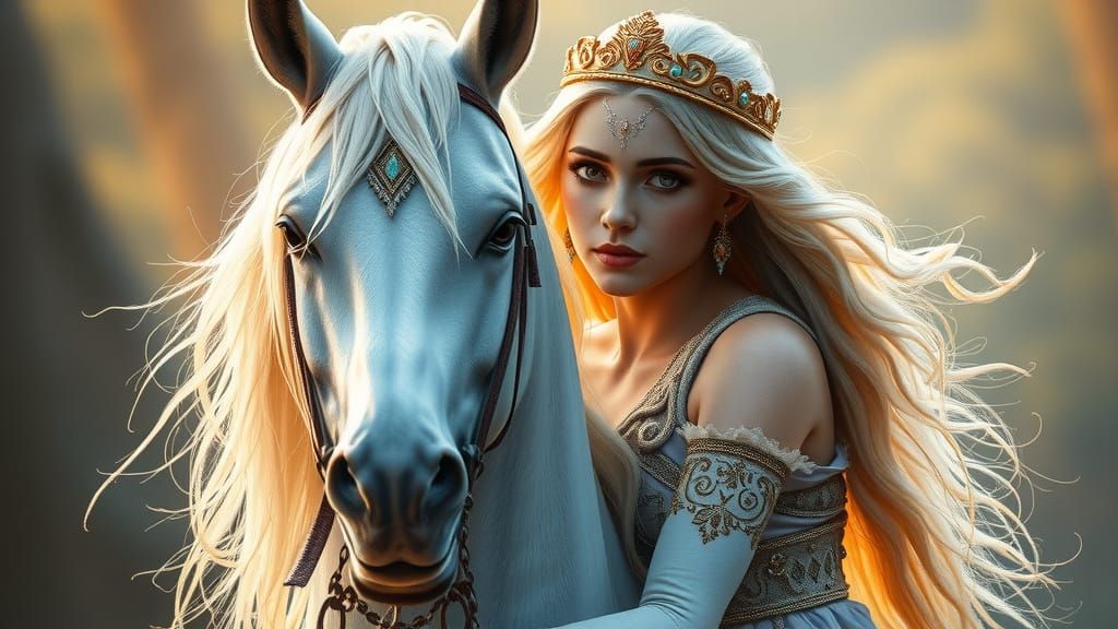 Medieval Queen on White Horse: Fantasy Art