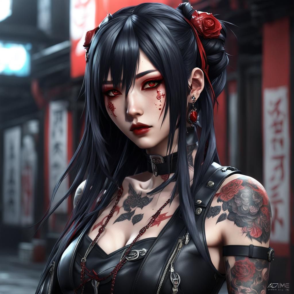 Anime Style Goth Girl with Tattoos and Leather