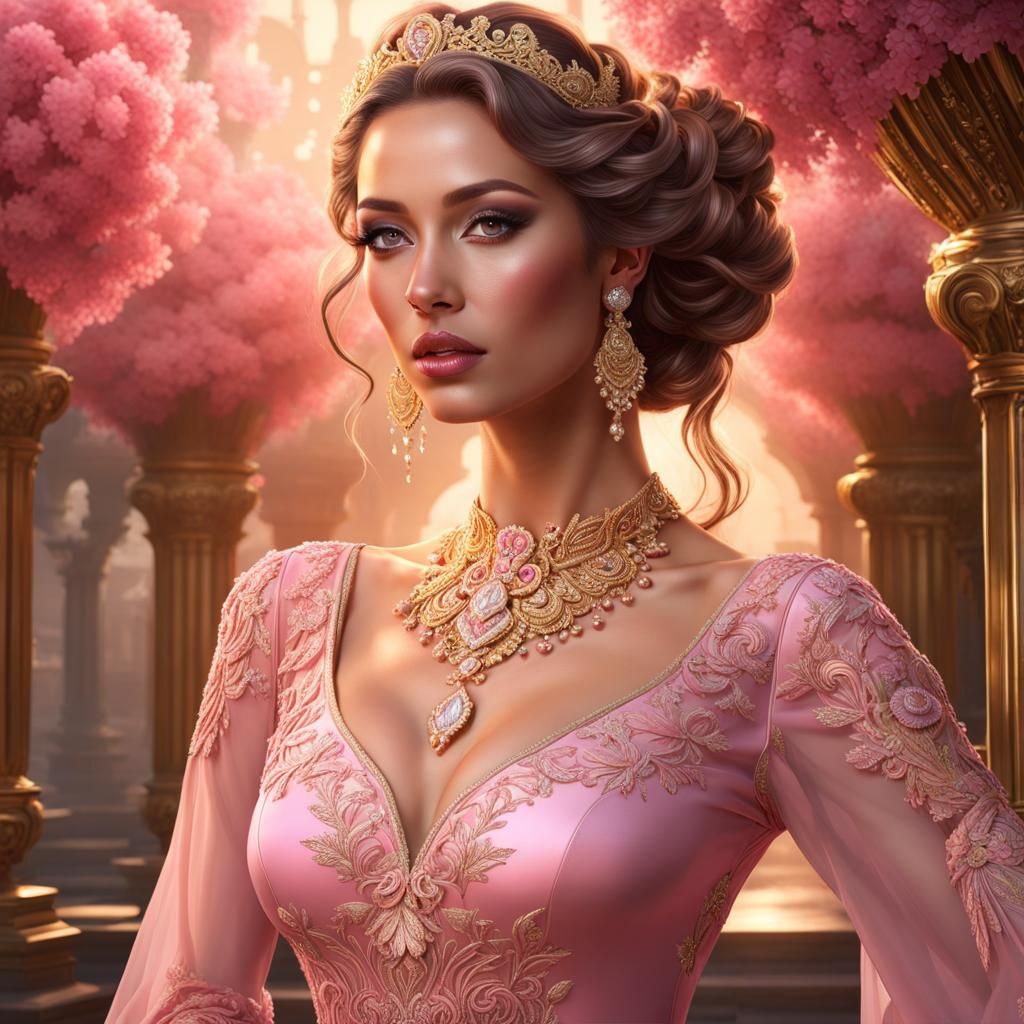 Elegant Woman in Pink Gown, Ethereal Fantasy Portrait