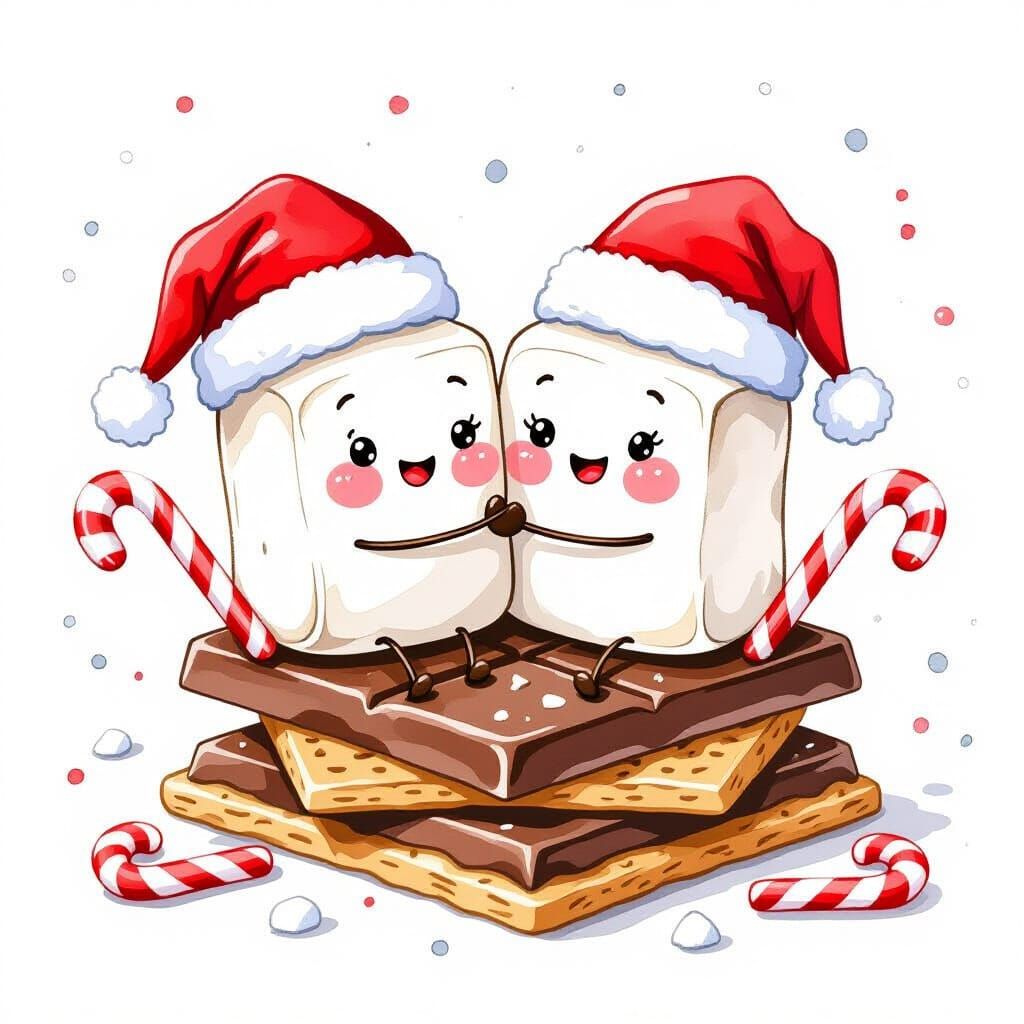 Festive S'more Watercolor Illustration with Marshmallows